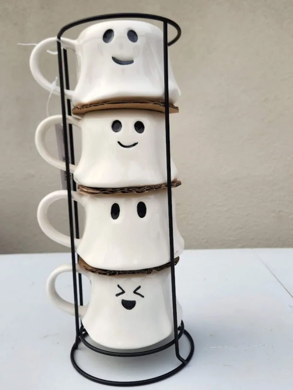 NEW Ceramic Ghost Mugs Mug Set of 4 Stacking Stackable White Stoneware Can hold